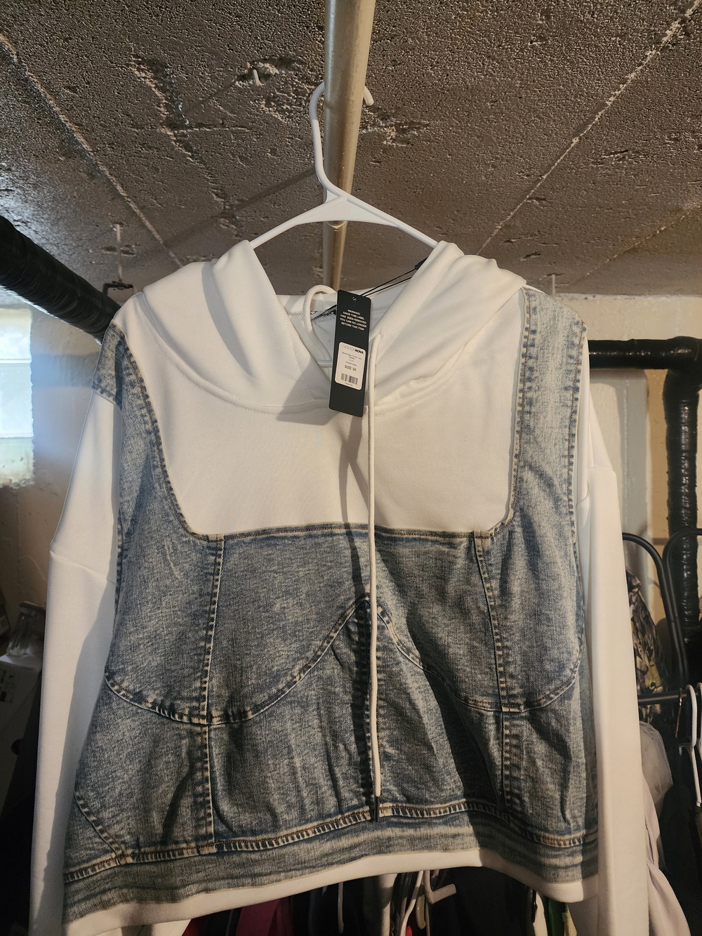 Fashion Nova White Hoodie with Faded Blue Denim Overlay
